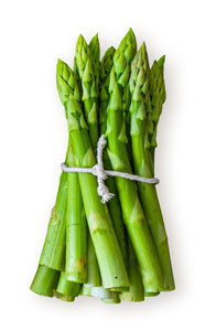 Bund frischer grüner Spargelstangen, mit Schnur zusammengebunden