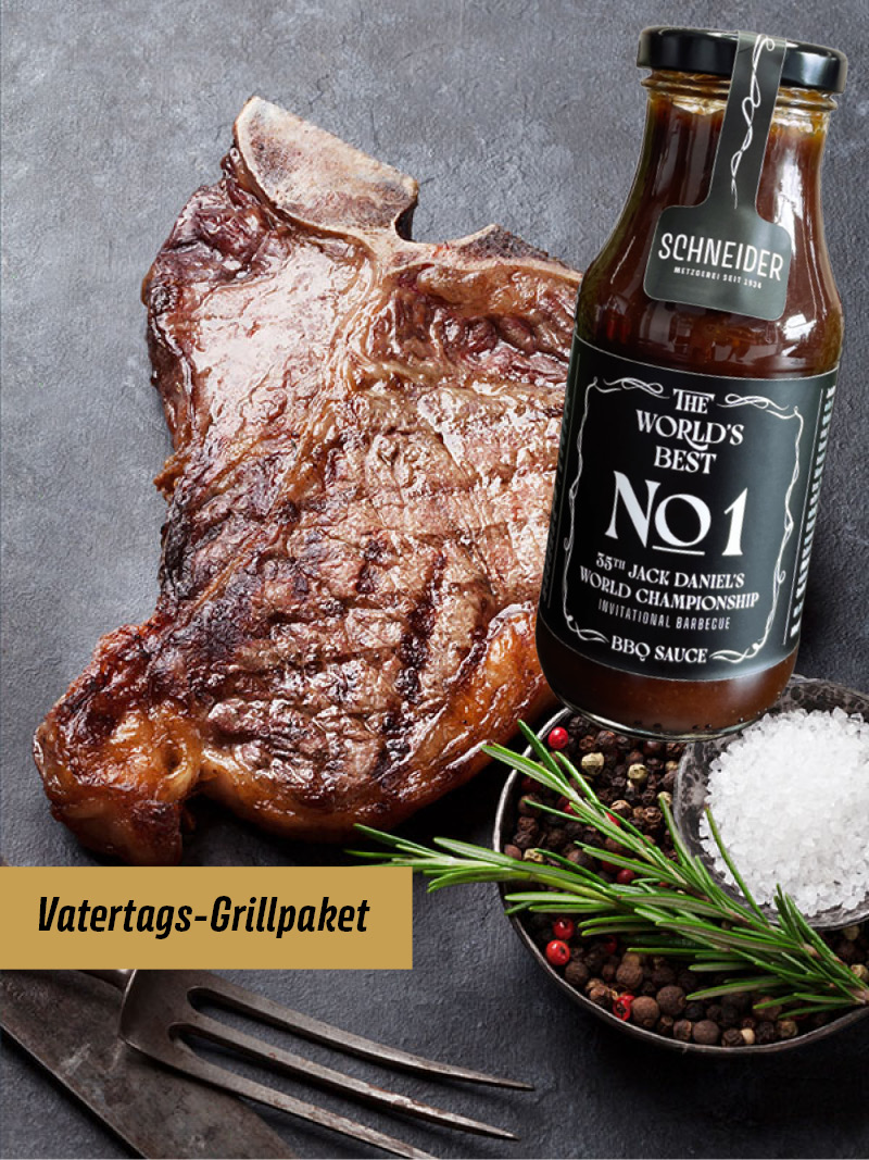 Das perfekte Paket für den Vatertag: Saftiges Rib-Eye-Steak und würzige BBQ-Soße – bereit für den Grill.