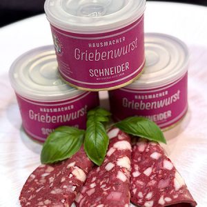 Hausmacher Griebenwurst in der Dose – herzhaft, deftig und vielseitig genießbar. Ideal für Brotzeit oder warme Küche. Jetzt online bestellen.