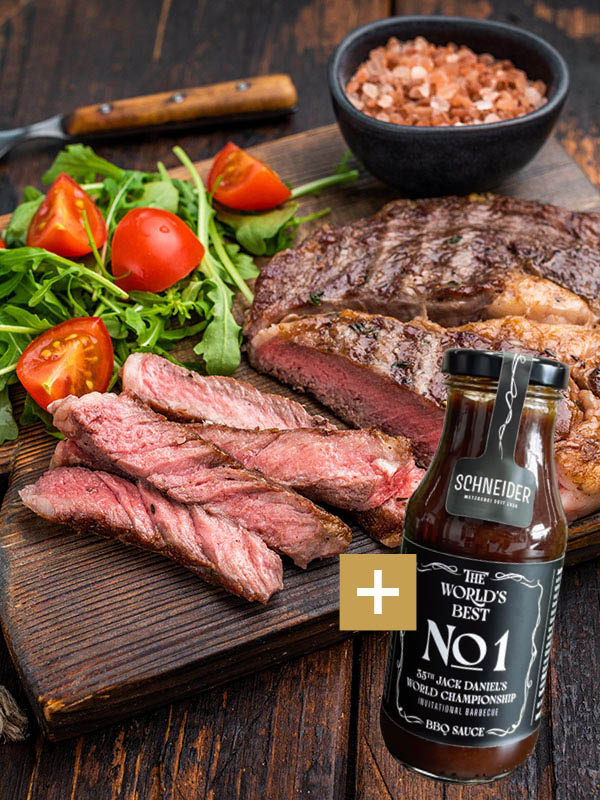 Das perfekte Paket für den Vatertag: Saftiges Rib-Eye-Steak und würzige BBQ-Soße – bereit für den Grill.