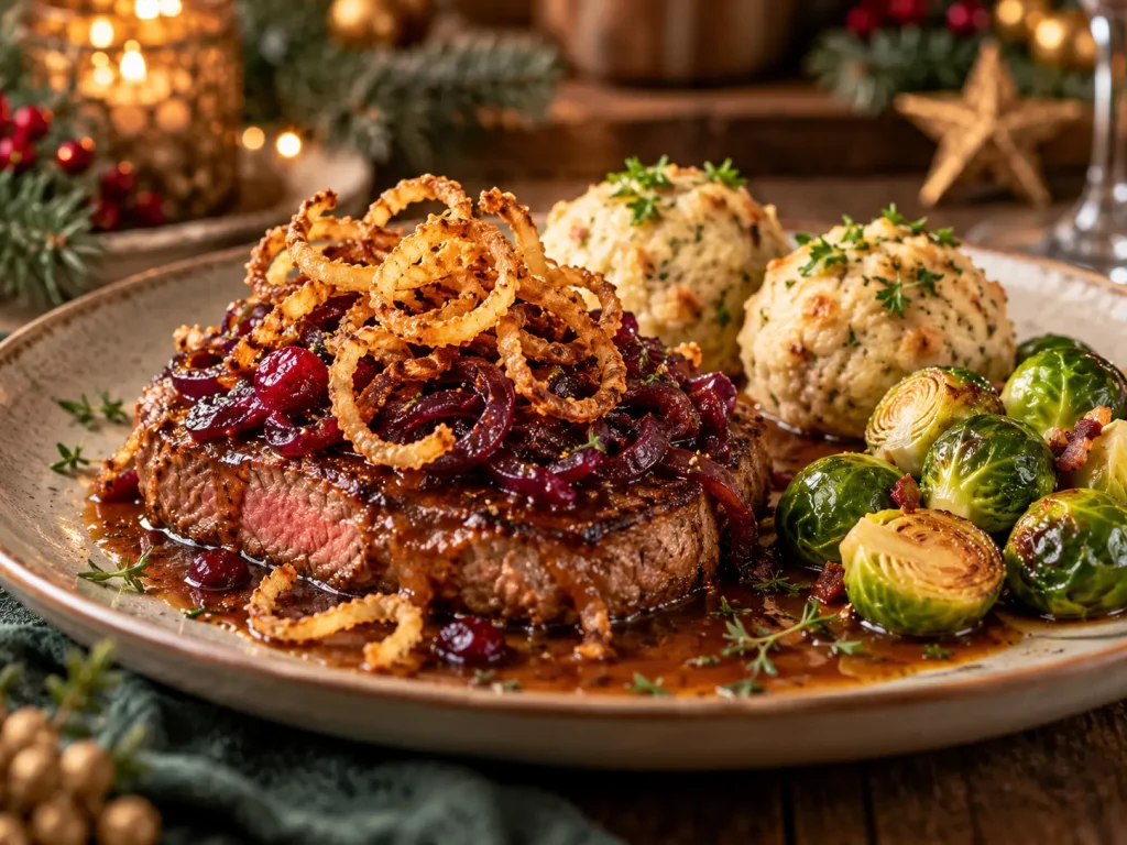Ein Festessen, das begeistert! Saftiger Zwiebelrostbraten trifft auf fruchtig-würzige Cranberry-BBQ-Zwiebeln, knusprige Röstzwiebeln und köstliche Beilagen aus der Schneider Küche. Weihnachten kann so lecker sein! Das Ergebnis? Ein Weihnachtsessen voller Geschmack, mit einer raffinierten Überraschung auf dem Teller und garantiertem Genussmoment für die ganze Familie. Unser Tipp: Unbedingt ausprobieren. Dieser Rostbraten hat beste Chancen, ein neuer Weihnachtsklassiker zu werden!