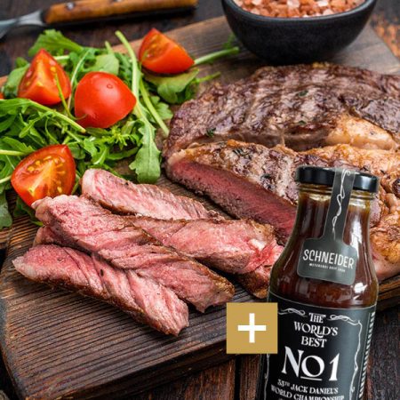 Das perfekte Paket für den Vatertag: Saftiges Rib-Eye-Steak und würzige BBQ-Soße – bereit für den Grill.